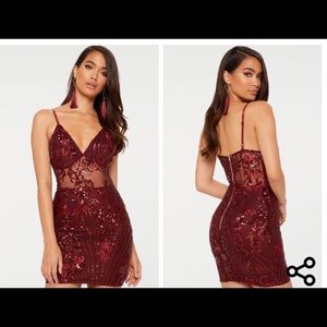 Burgundy Strappy Sheer Panel Sequin Bodycon Dress